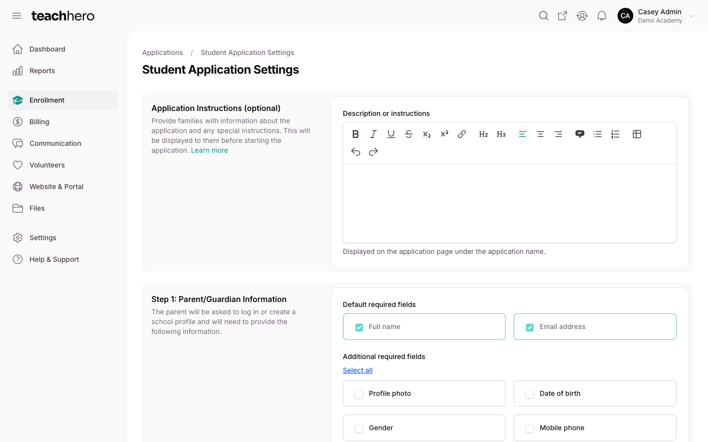 The Student Application Settings page with the parent/guardian required-field checkboxes and the Step 2: Student Information section