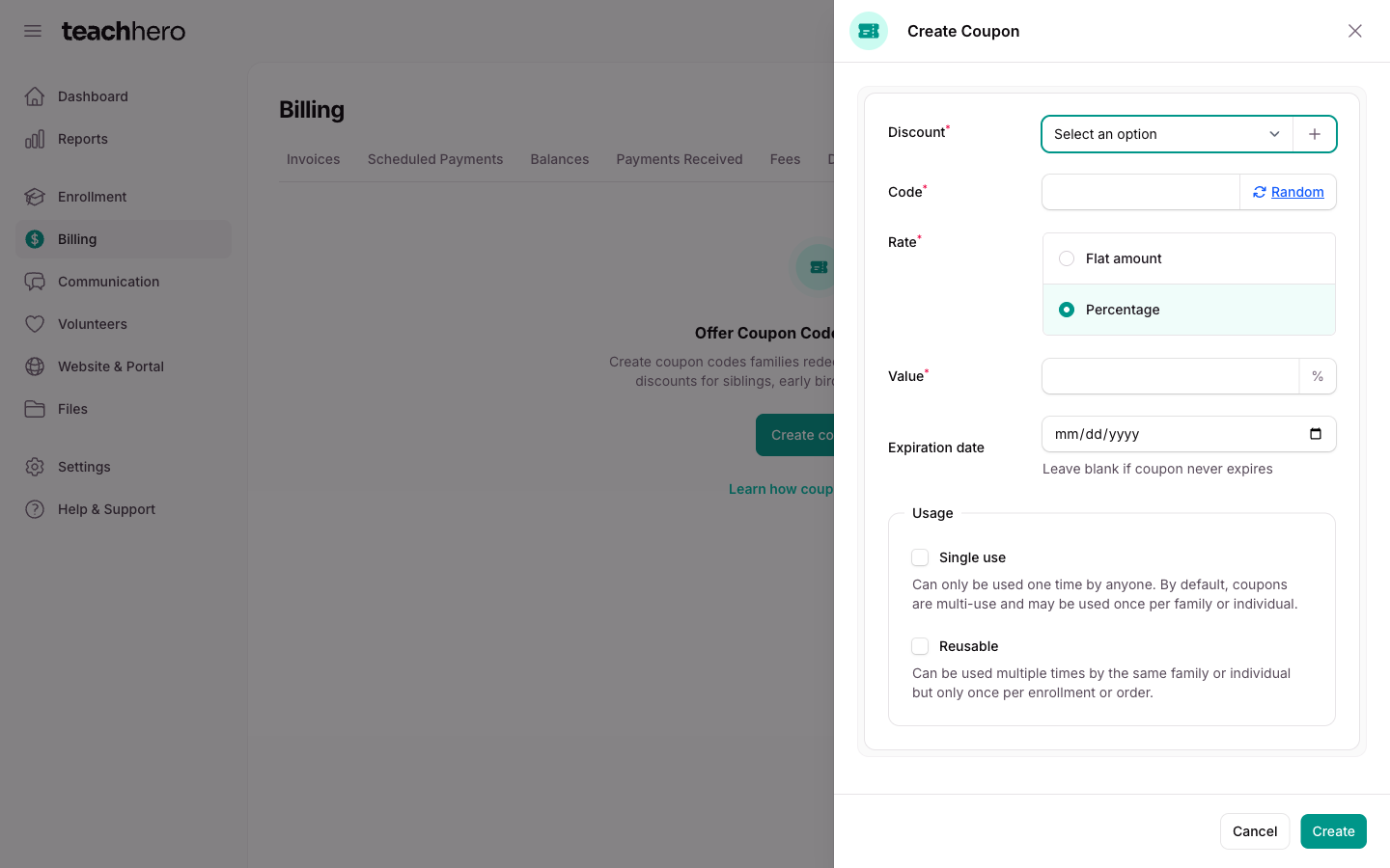 The Create Coupon slide-over with the Discount type, Code field with Random button, rate and value, Expiration date, and Usage checkboxes
