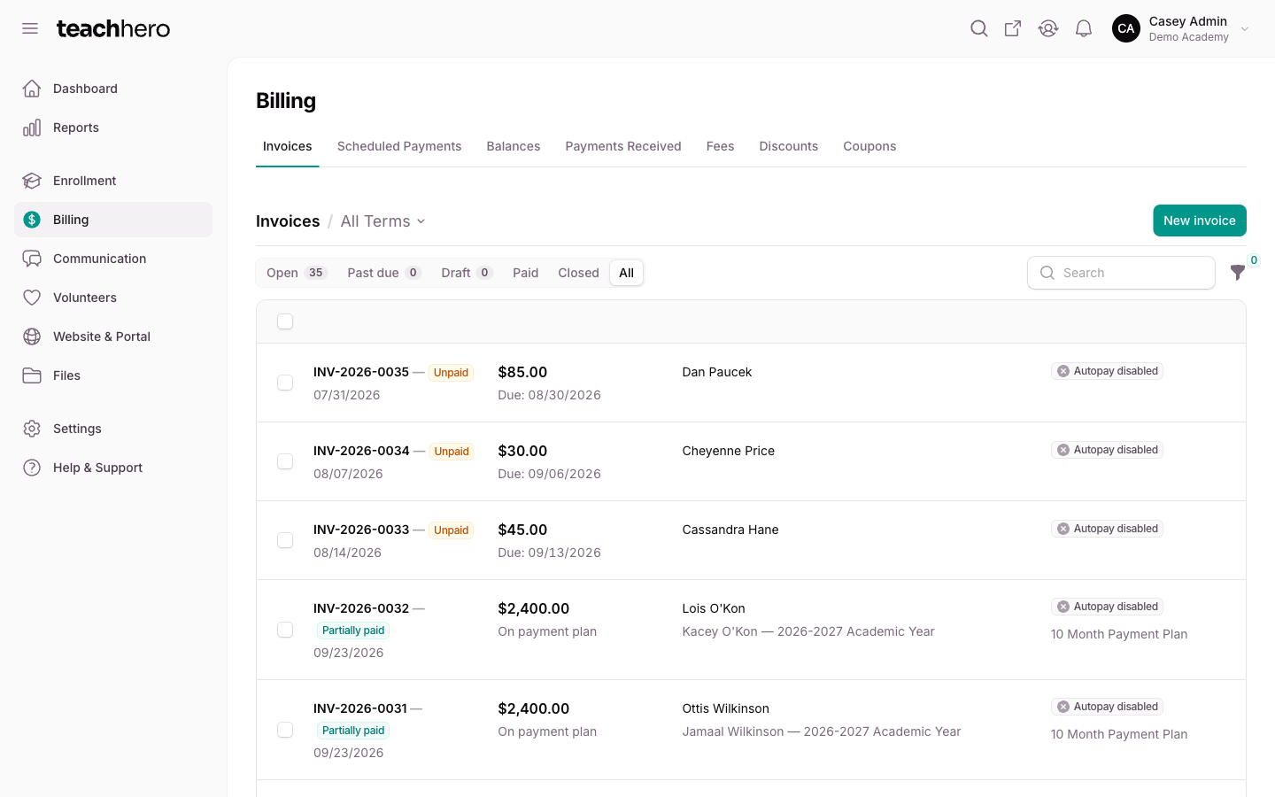 The Invoices list with status filter pills and the New invoice button