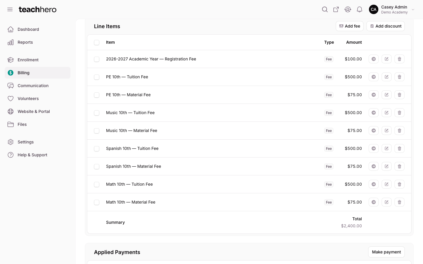 The invoice's Charges table with each enrollment's tuition and material fees grouped together