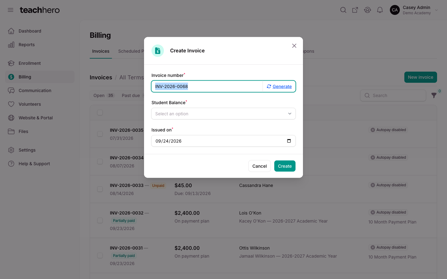 The Create invoice modal with the Invoice number, Student, Term, and Issued on fields