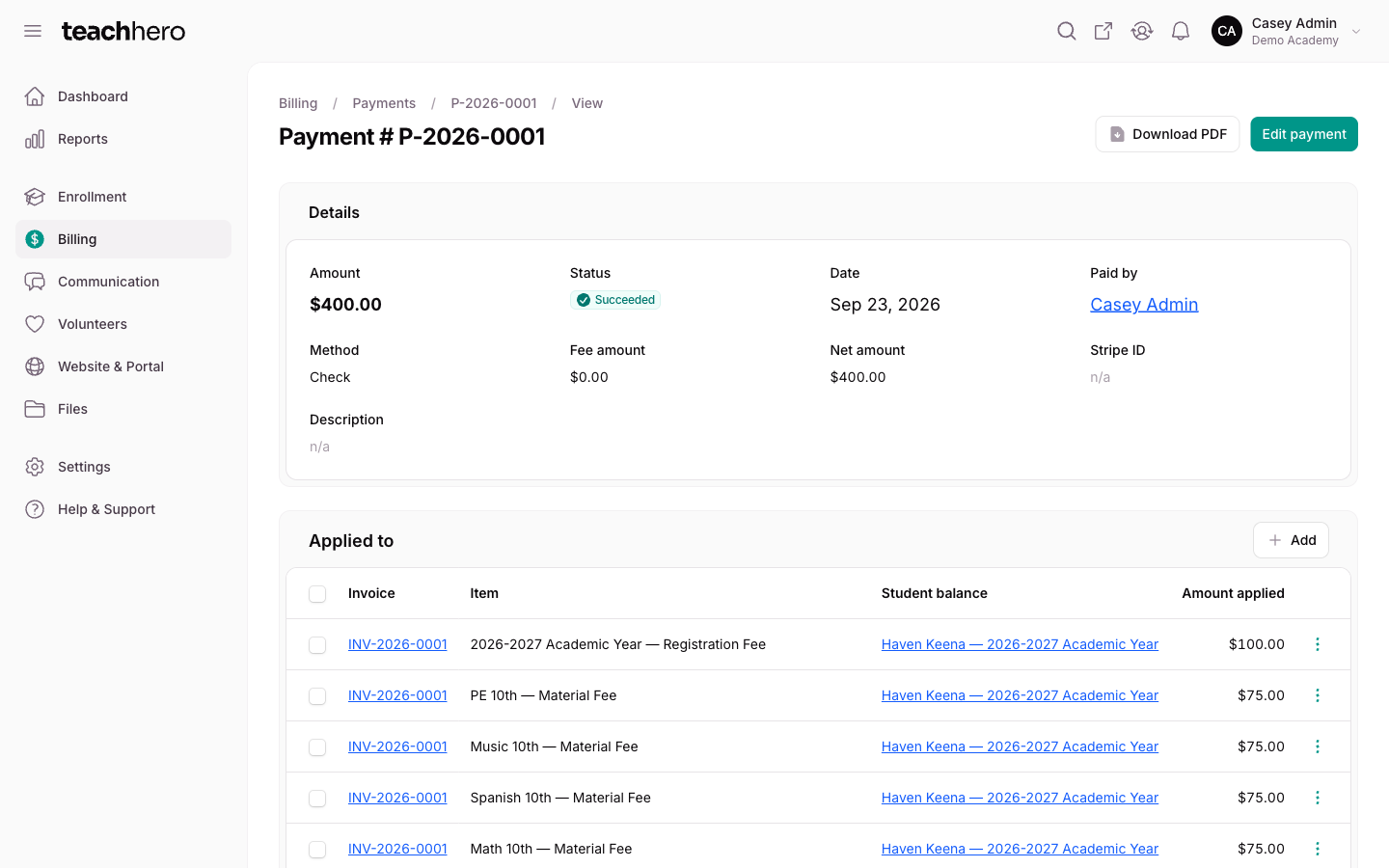 A payment's Applied to table showing one row per charge, each with the student and term it belongs to