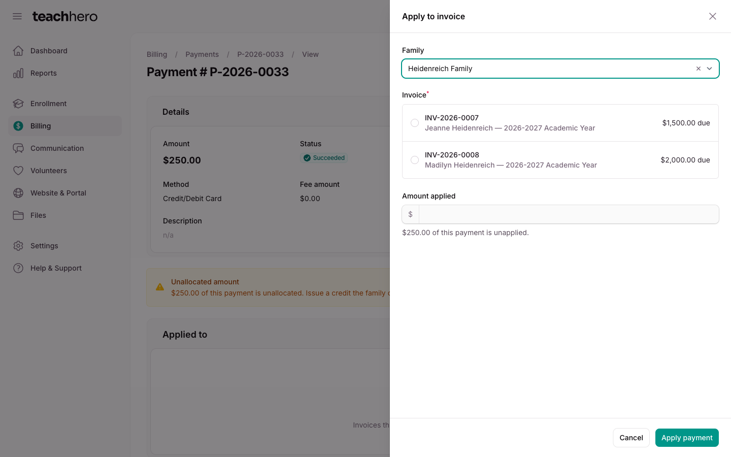The Apply to invoice panel listing each open invoice with the student and term it is billed against and what it still owes