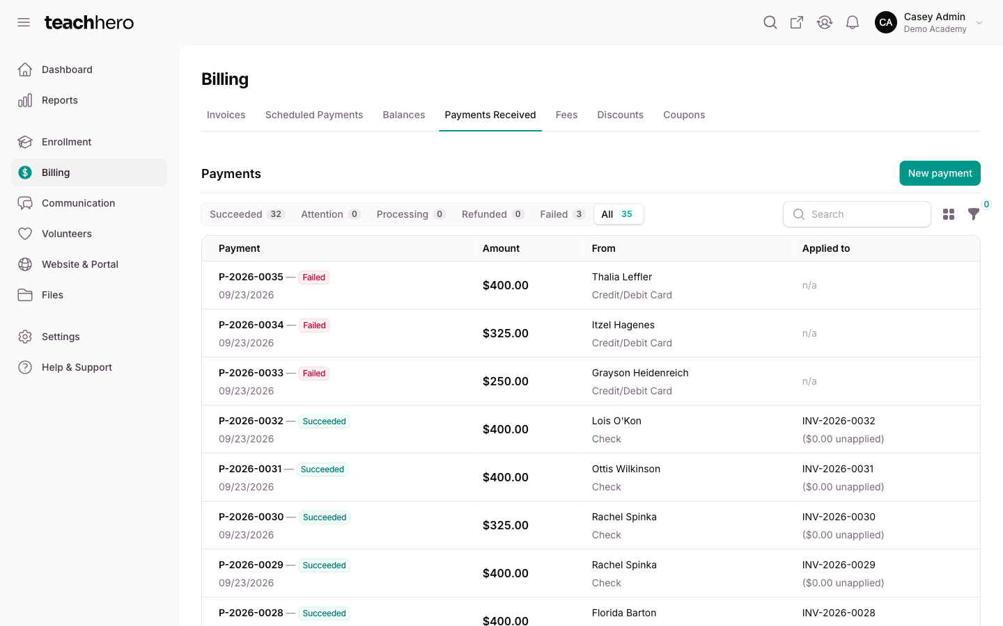 The Payments list with the Succeeded, Unapplied, Processing, Refunded, Failed, and All status pills