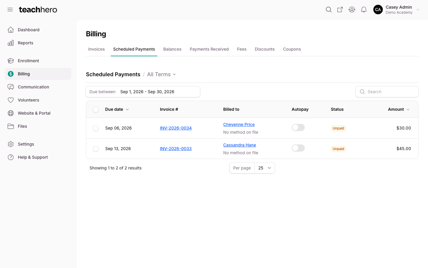 The Scheduled Payments page with the Due between date range and an Autopay column