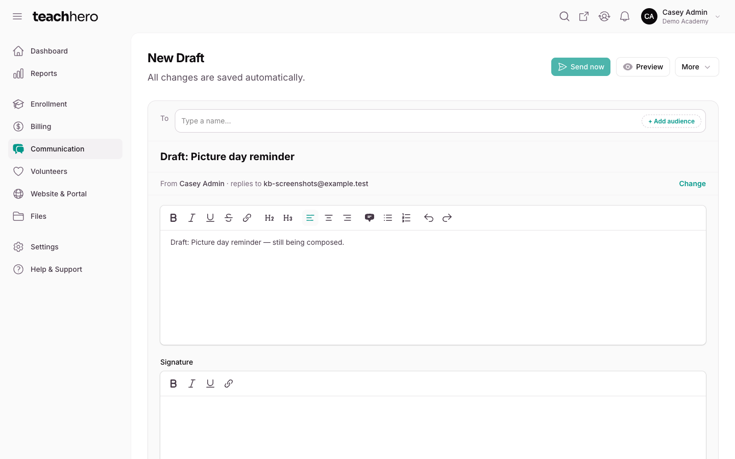 The email draft editor with the To and Subject fields, From line, message body, and attachments bar