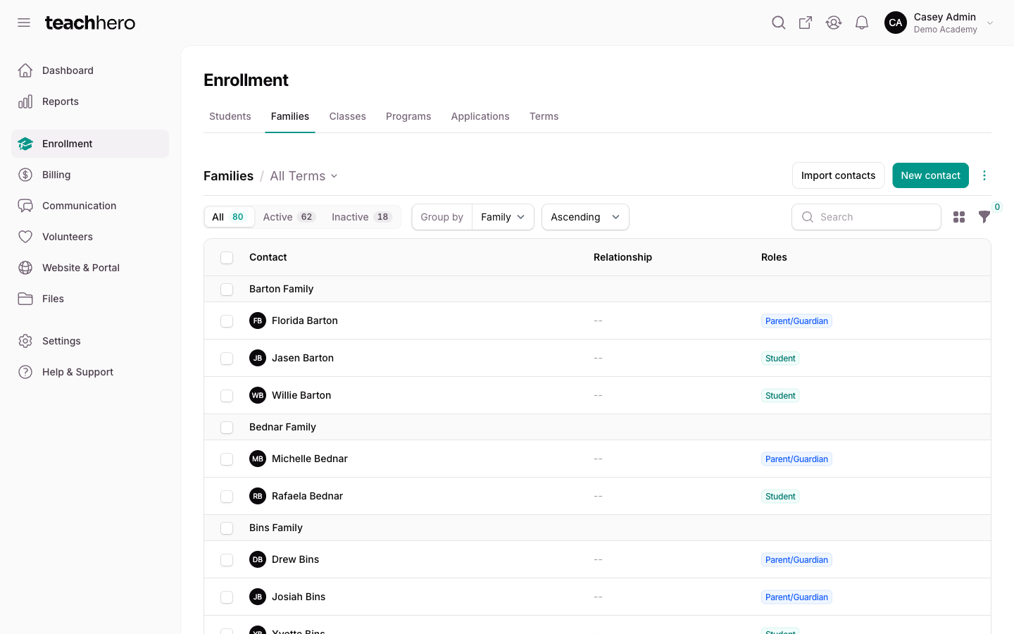 The Families list with the search box, filter icon, and New contact button