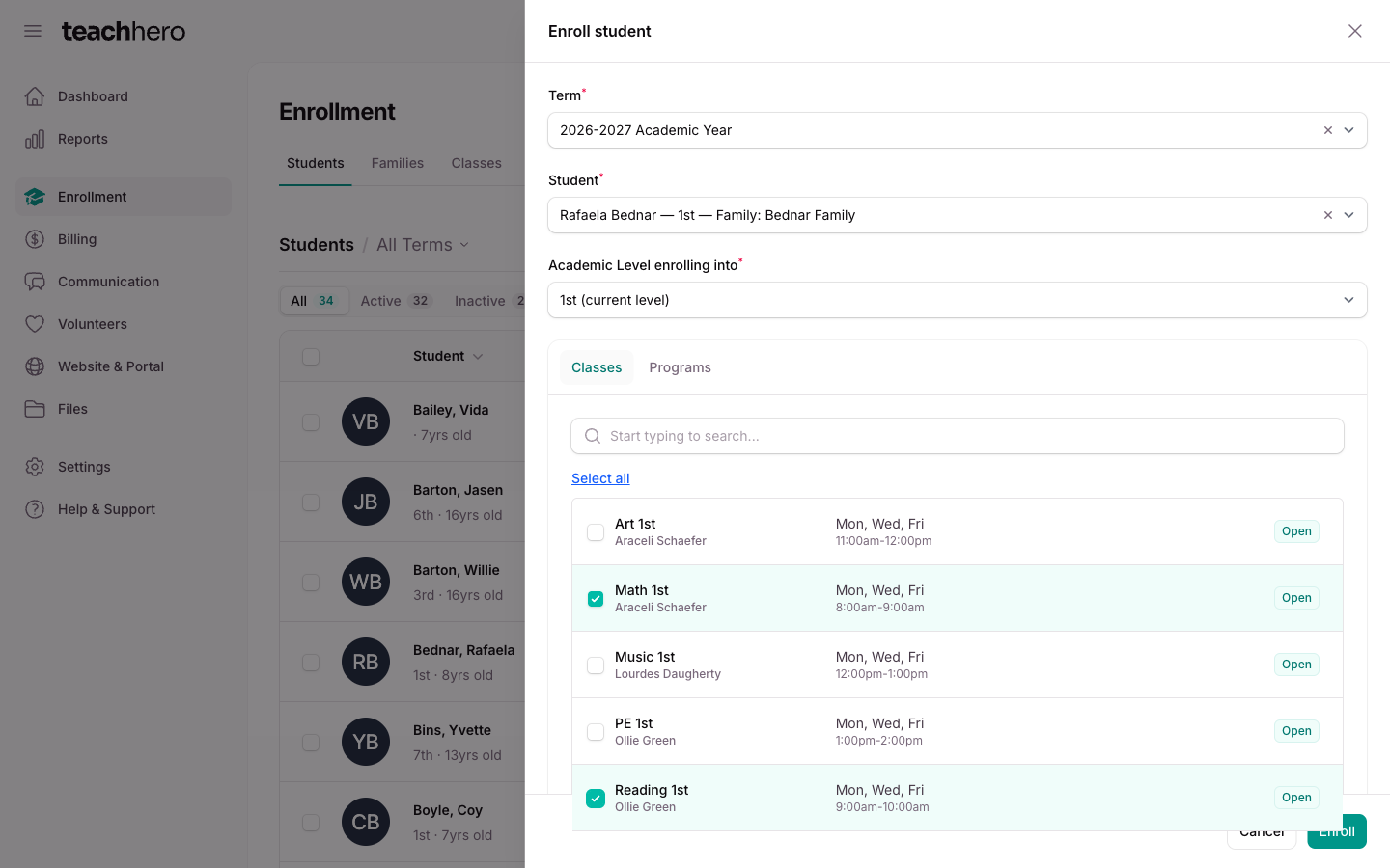 The Enroll Student slide-over with the Term, Student, and academic level fields and the Classes and Programs checkbox tabs