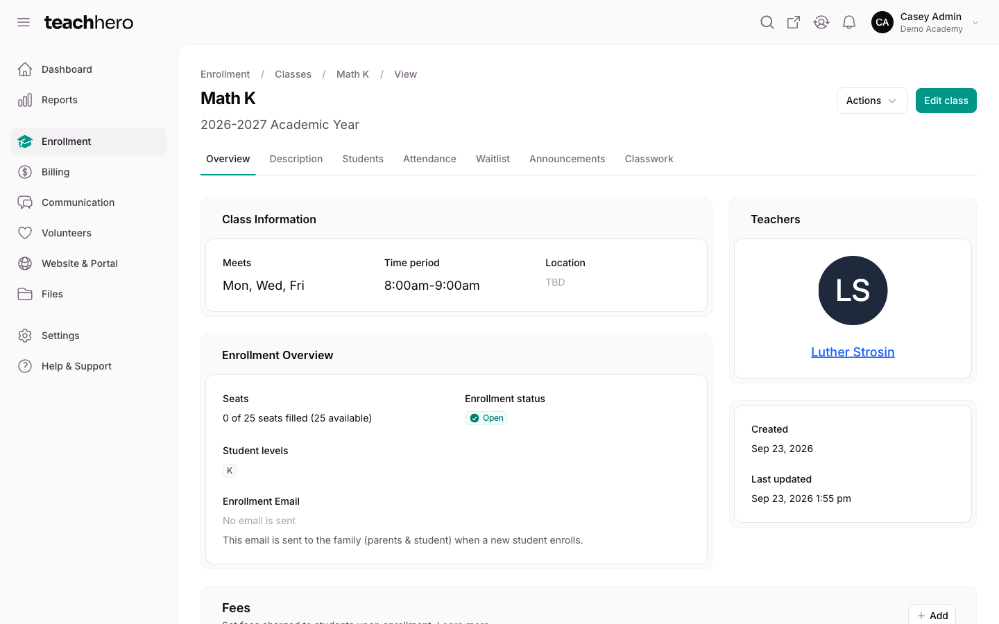 A class page with its Details, Students, Attendance, Announcements, and Classwork tabs