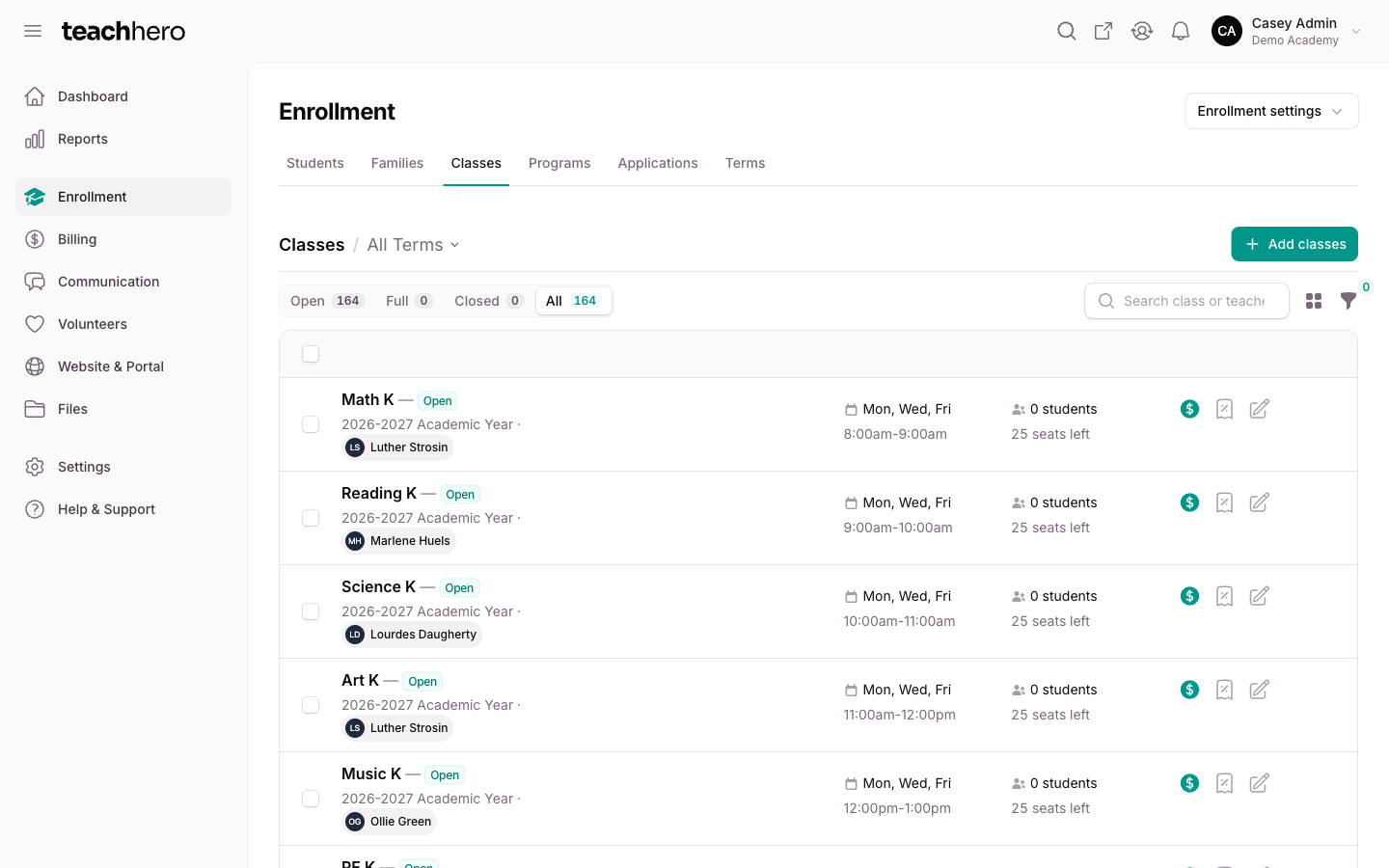 The Classes list with the Open, Full, Closed, and All status pills, the term selector, and the Import classes and New class buttons