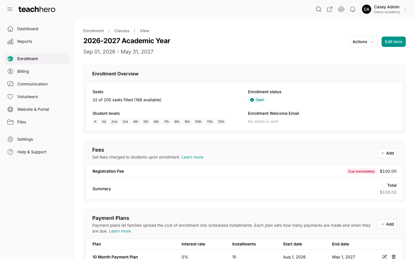 A term's page showing seats filled and enrollment status alongside the Fees & Discounts, Payment Plans, and Enrollment Periods sections