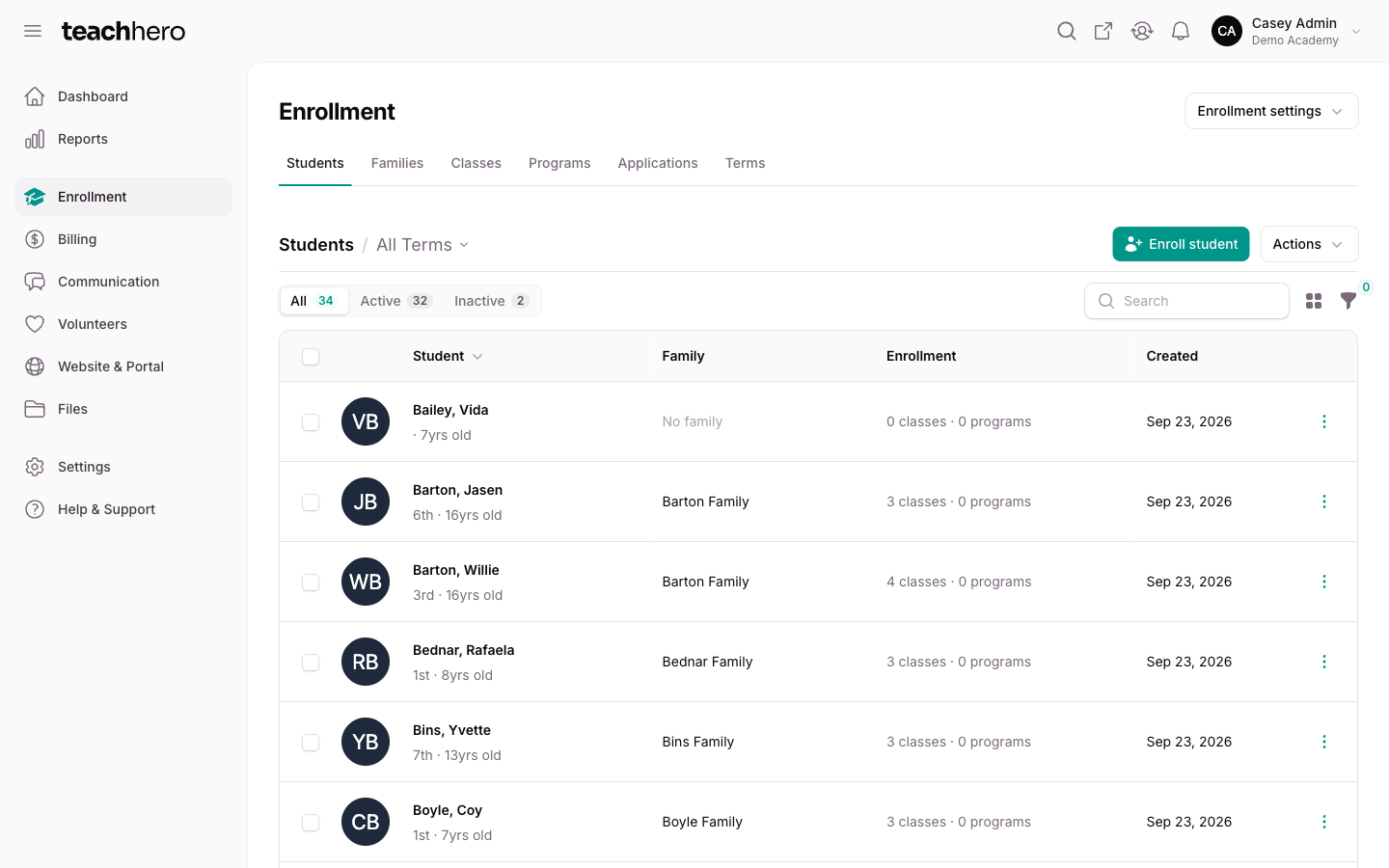 The Students list with the All, Active, and Inactive pills, the term selector, and the Enroll student button