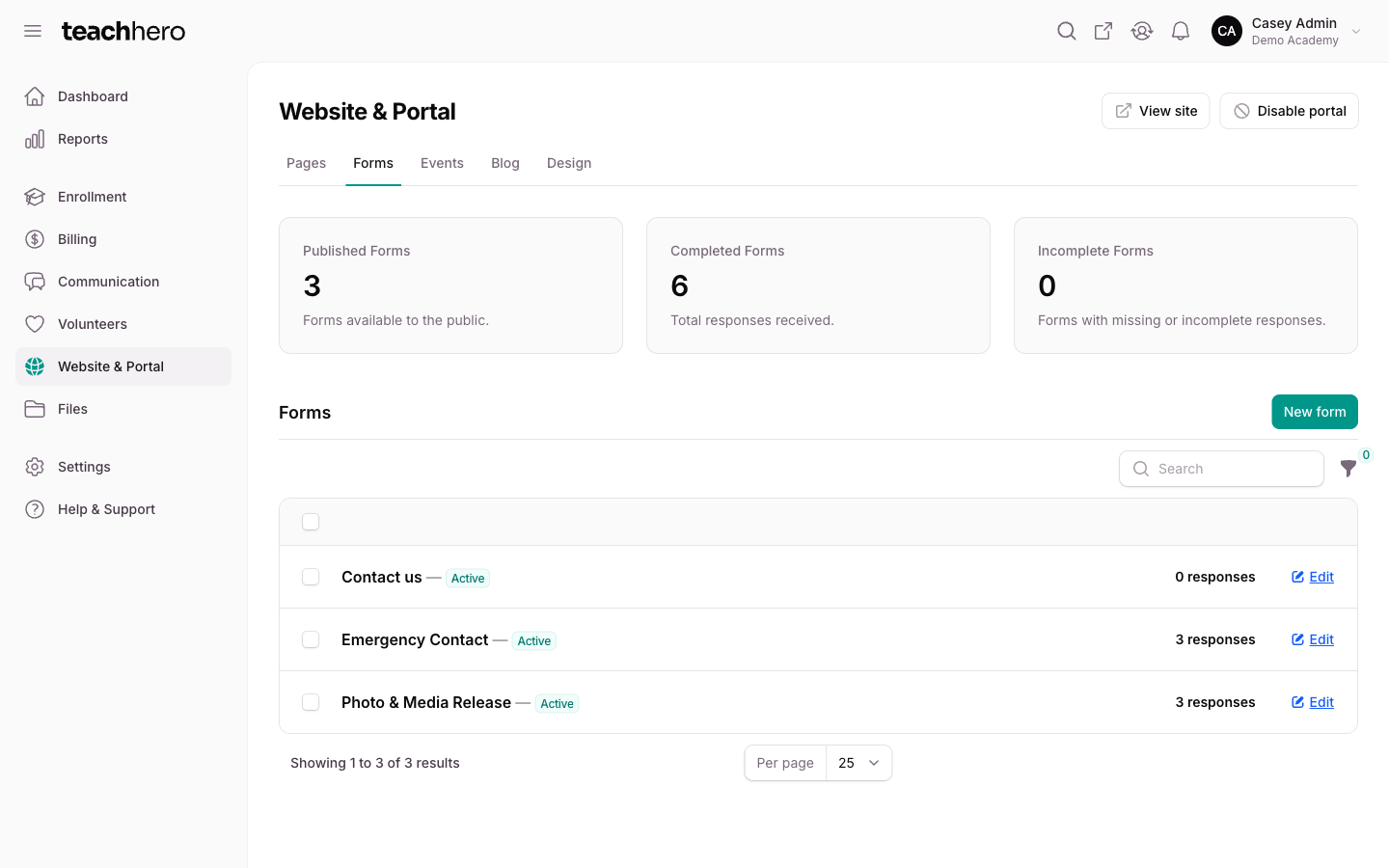 The Web forms list showing each form's status and response count, with the New form button