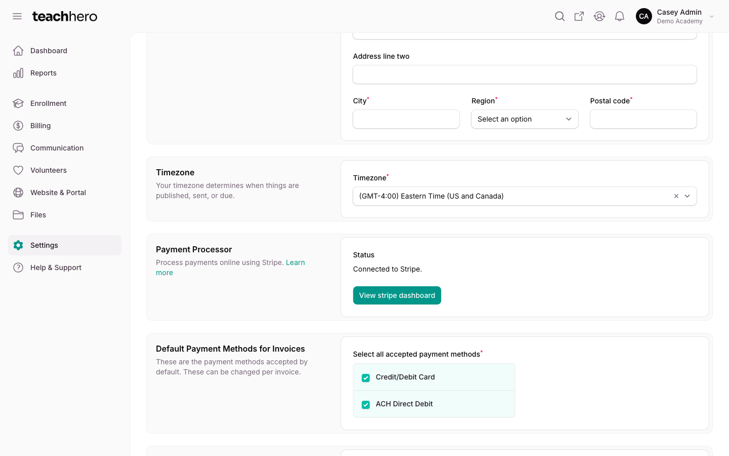 The Payment Processor section in the connected state, with the Status reading "Connected to Stripe." and a View stripe dashboard button