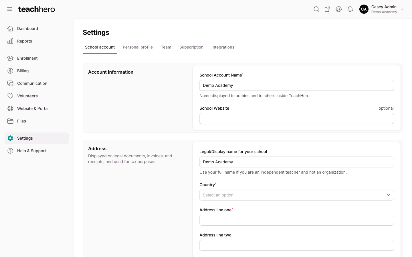 The School account tab with the Account Information, Address, and Timezone sections
