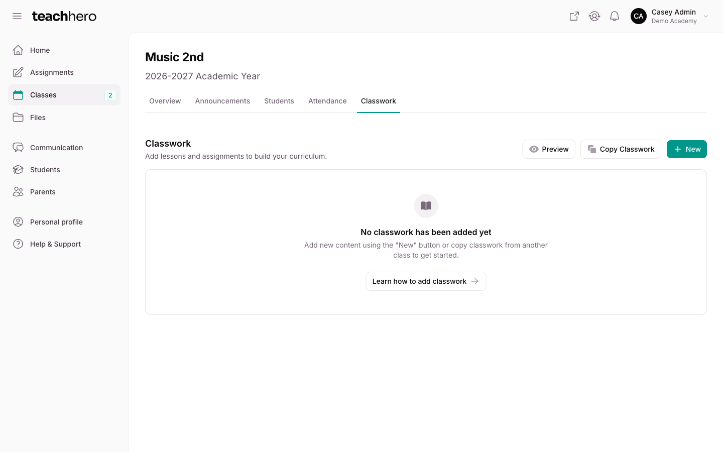 A class's Classwork tab before any content is added, with the tab bar and the Preview, Copy classwork, and + New buttons