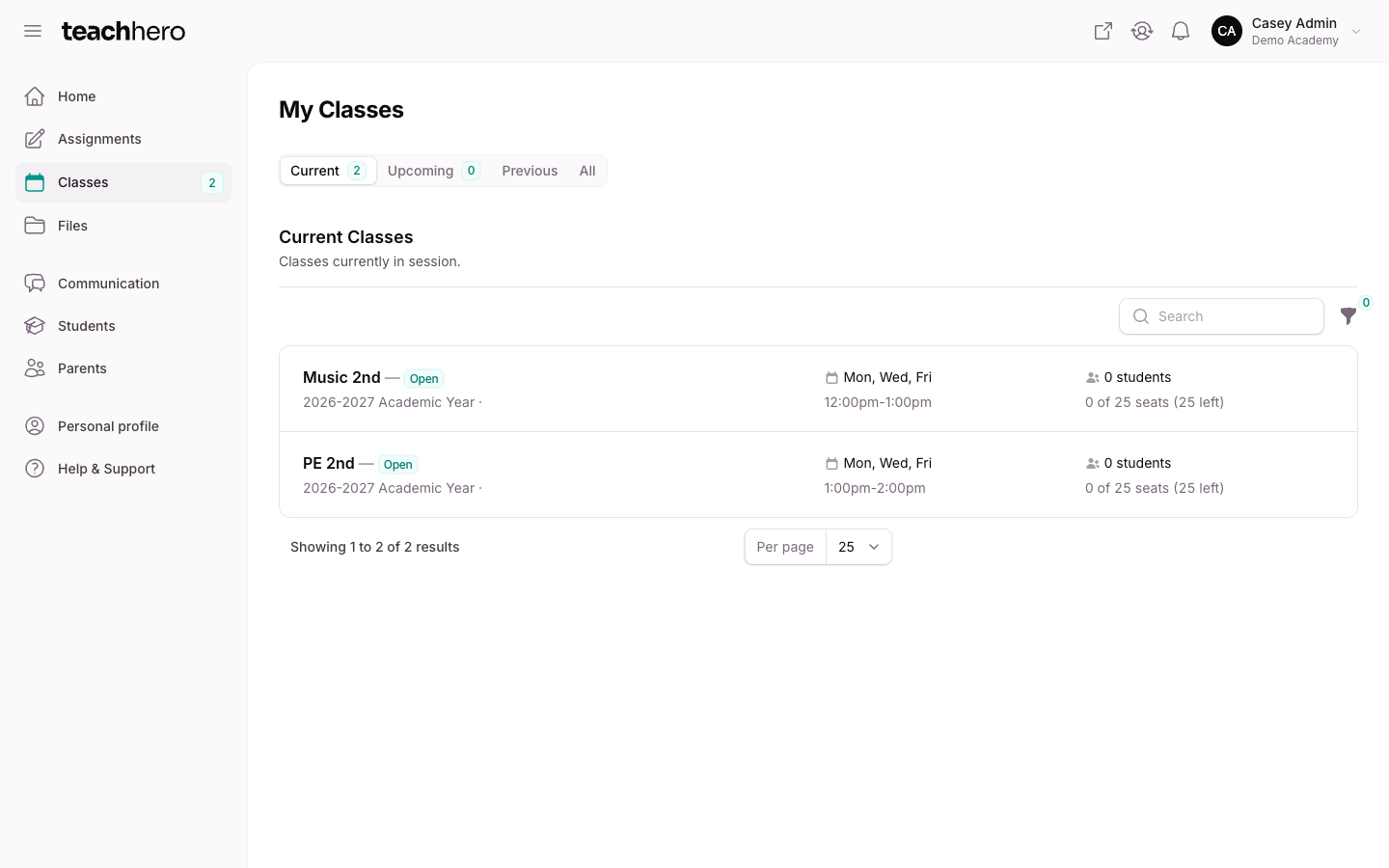 The teacher panel's Classes page with the Current, Upcoming, Previous, and All tabs