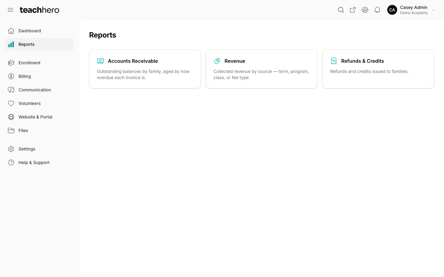 The Reports page with cards for the Accounts Receivable, Revenue, and Refunds & Credits reports