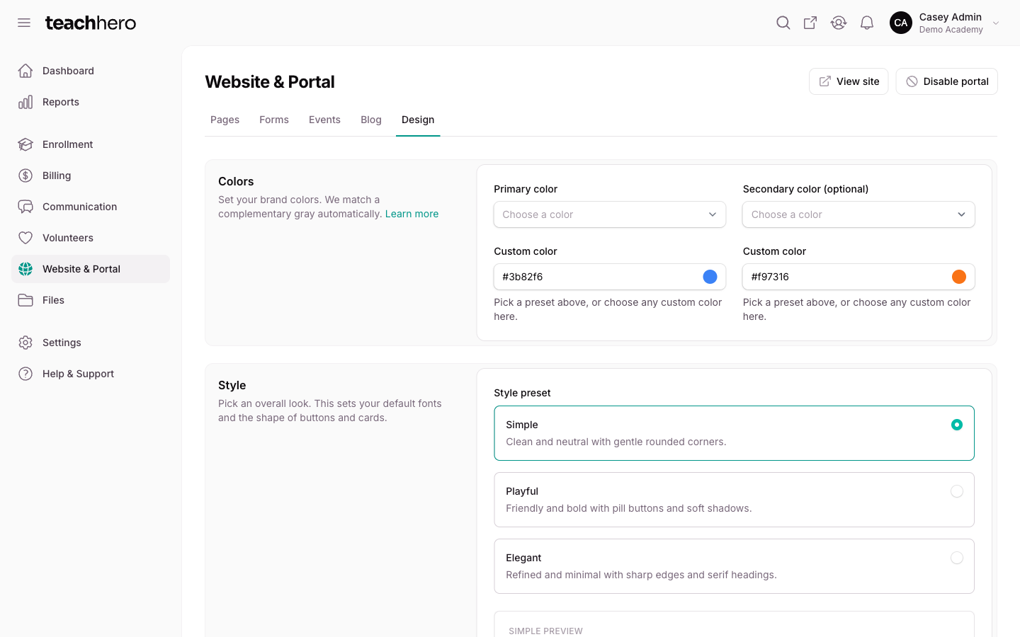 The Design page with the Colors and Style sections