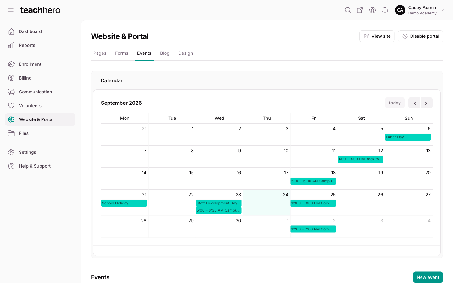 The Events list with the calendar widget and a table of events showing type, date, sign-ups, and published status