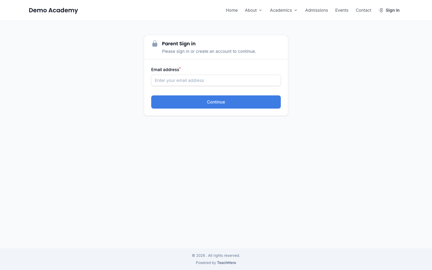 The parent portal sign-in page asking for an email address to receive a one-time login code