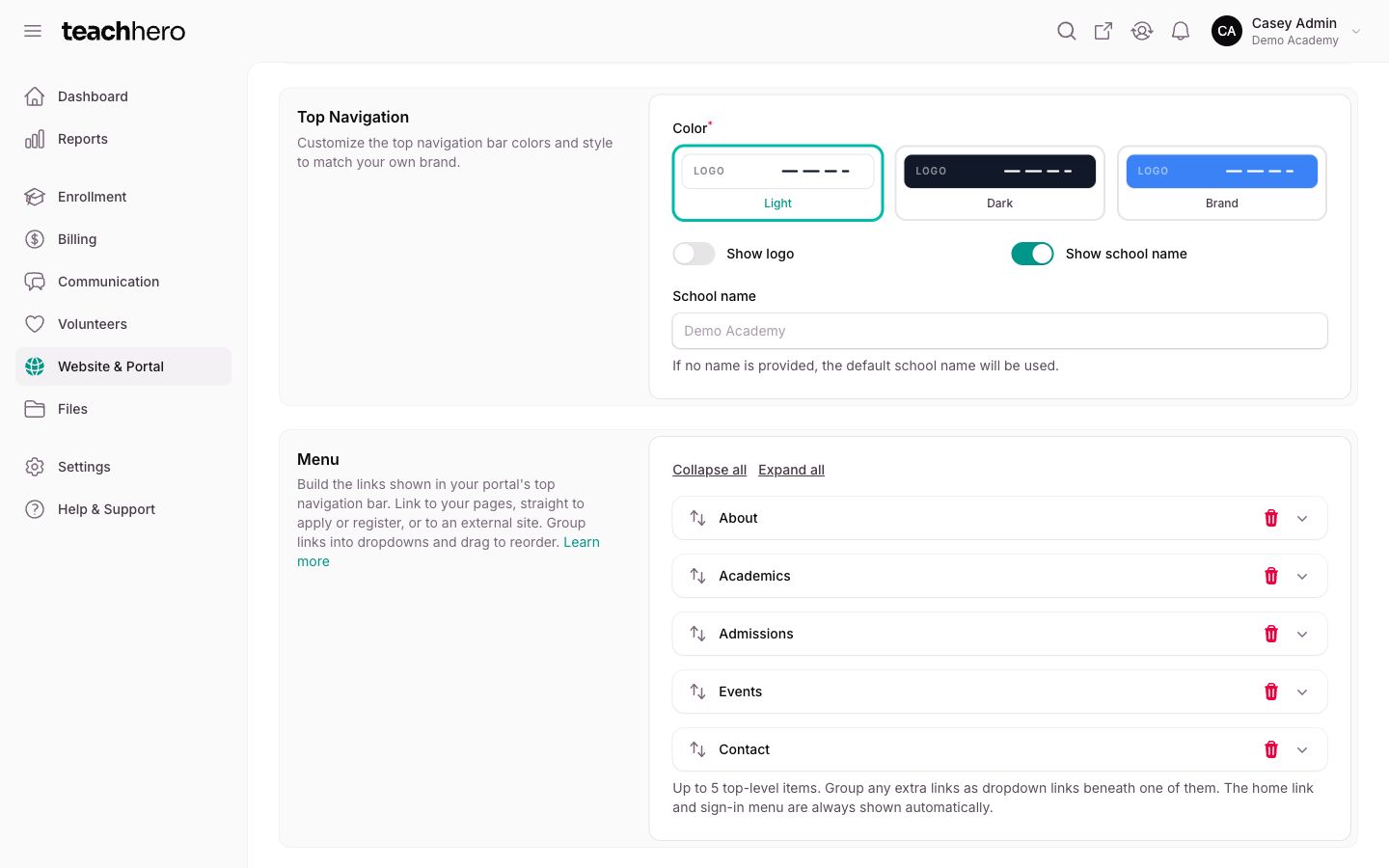 The Design page with the Top Navigation and Menu sections