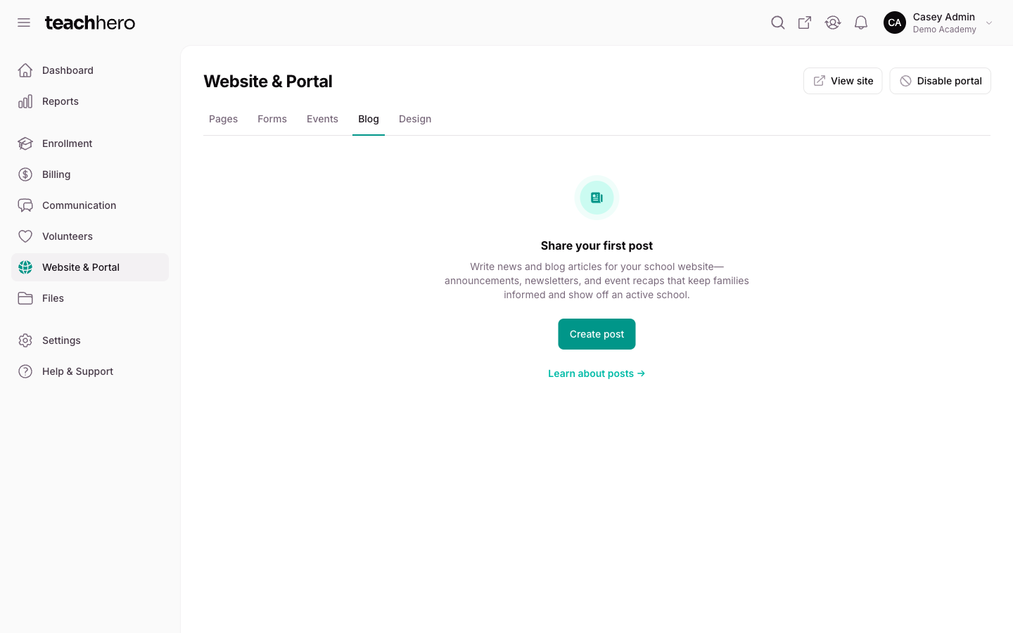 The Blog tab before any posts are written, with the New post button