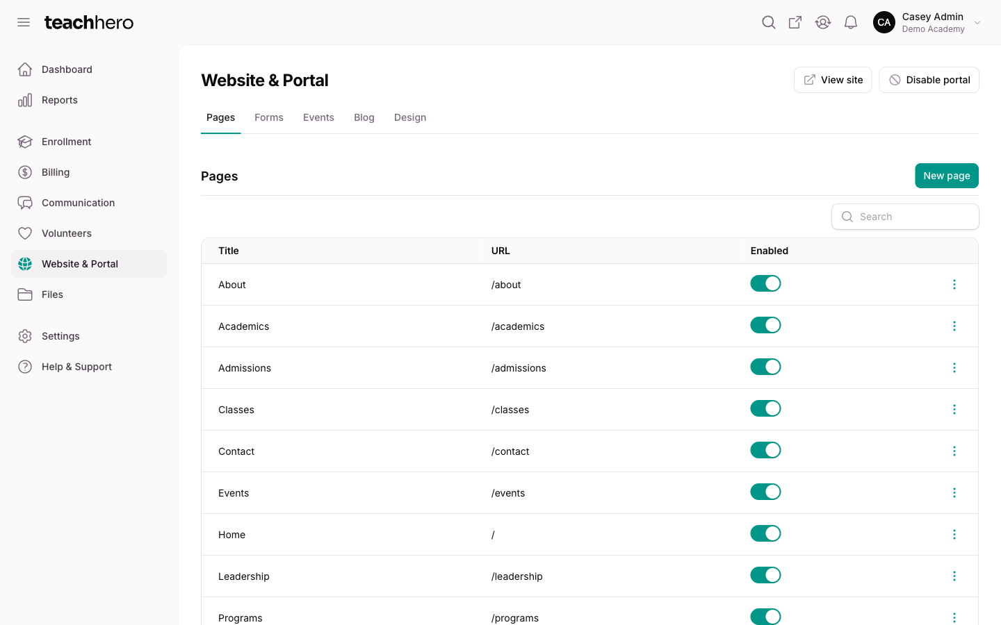 The Pages list with each page's status and the New page and View site buttons
