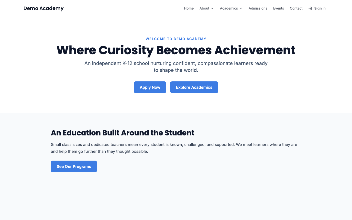A published school website homepage with a hero banner, navigation menu, and content sections built from blocks