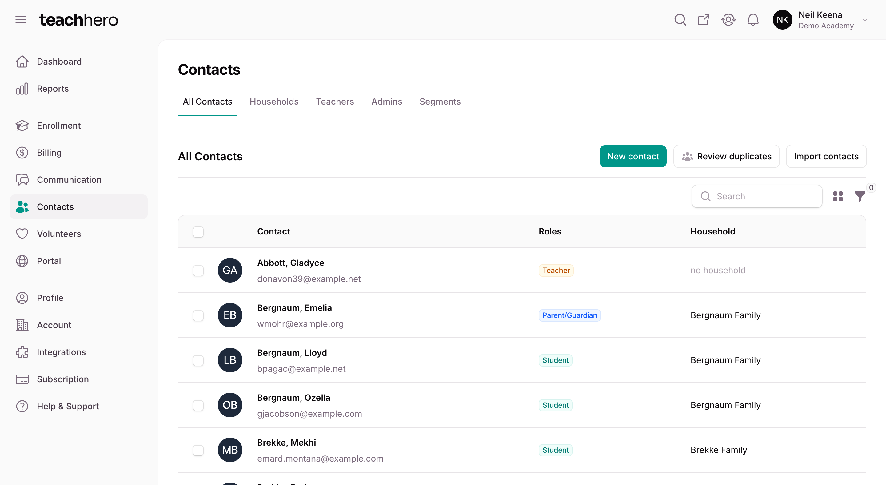 All contacts: every parent, student, and teacher with their roles and household