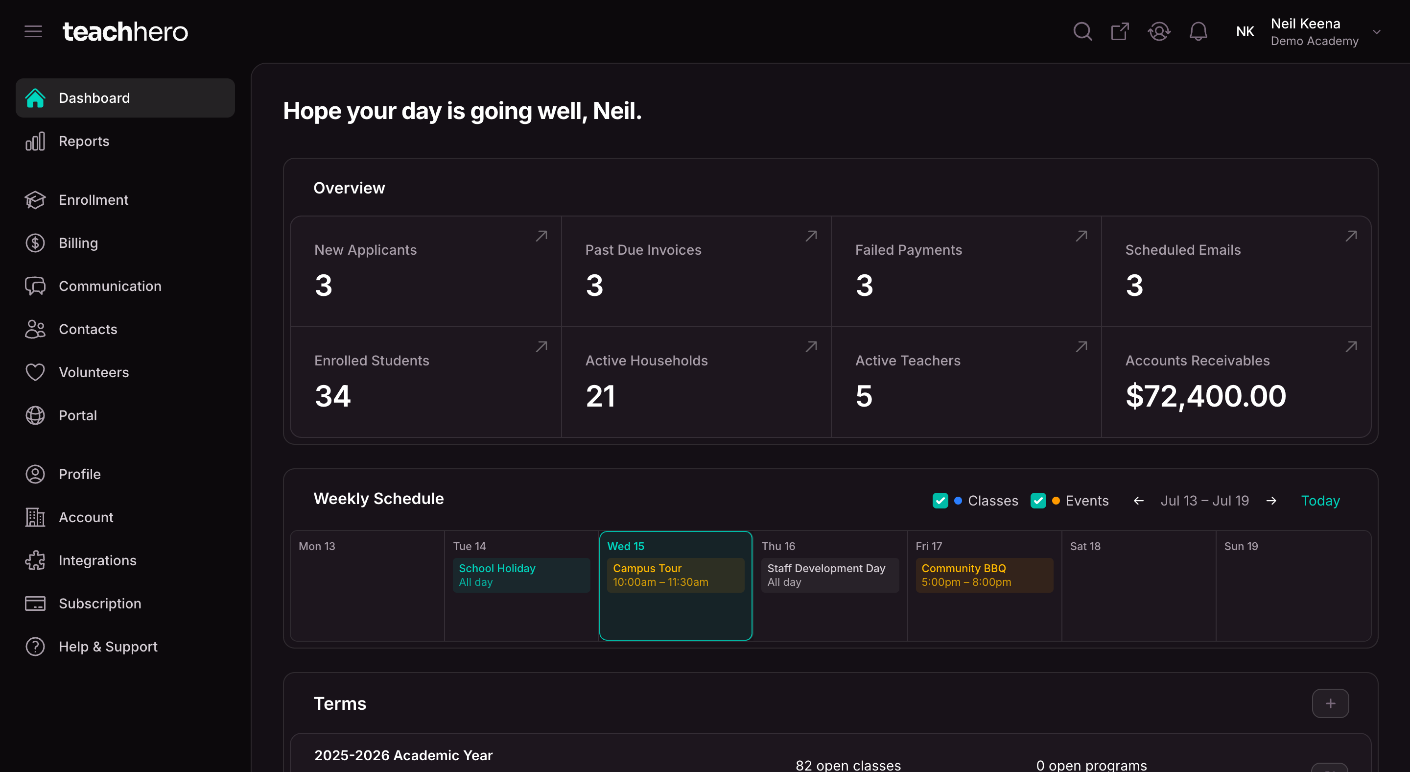 The TeachHero dashboard: new applicants, past-due invoices, enrolled students, and accounts receivable at a glance, above a weekly schedule of classes and events