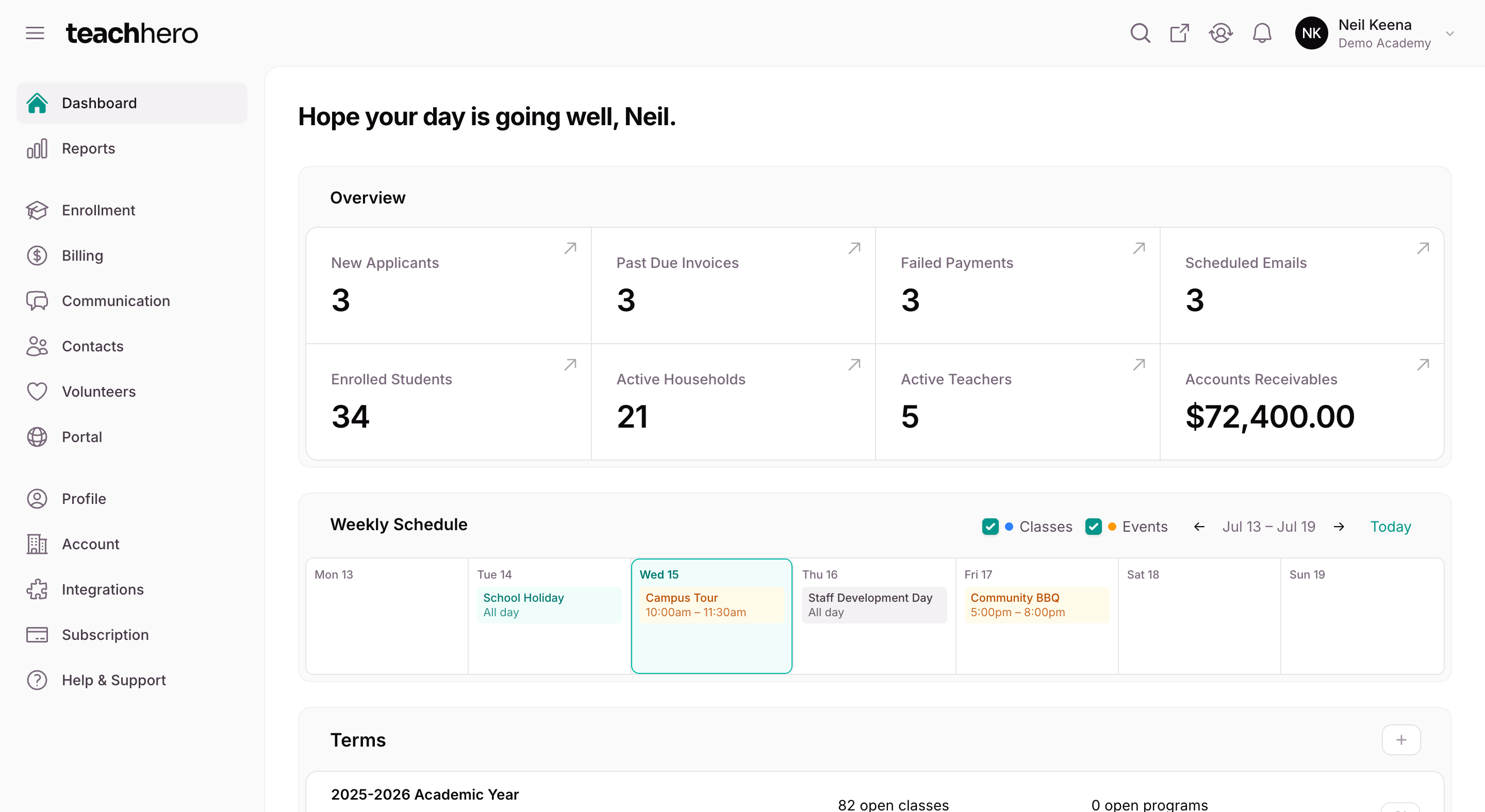The TeachHero dashboard: new applicants, past-due invoices, enrolled students, and accounts receivable at a glance, above a weekly schedule of classes and events