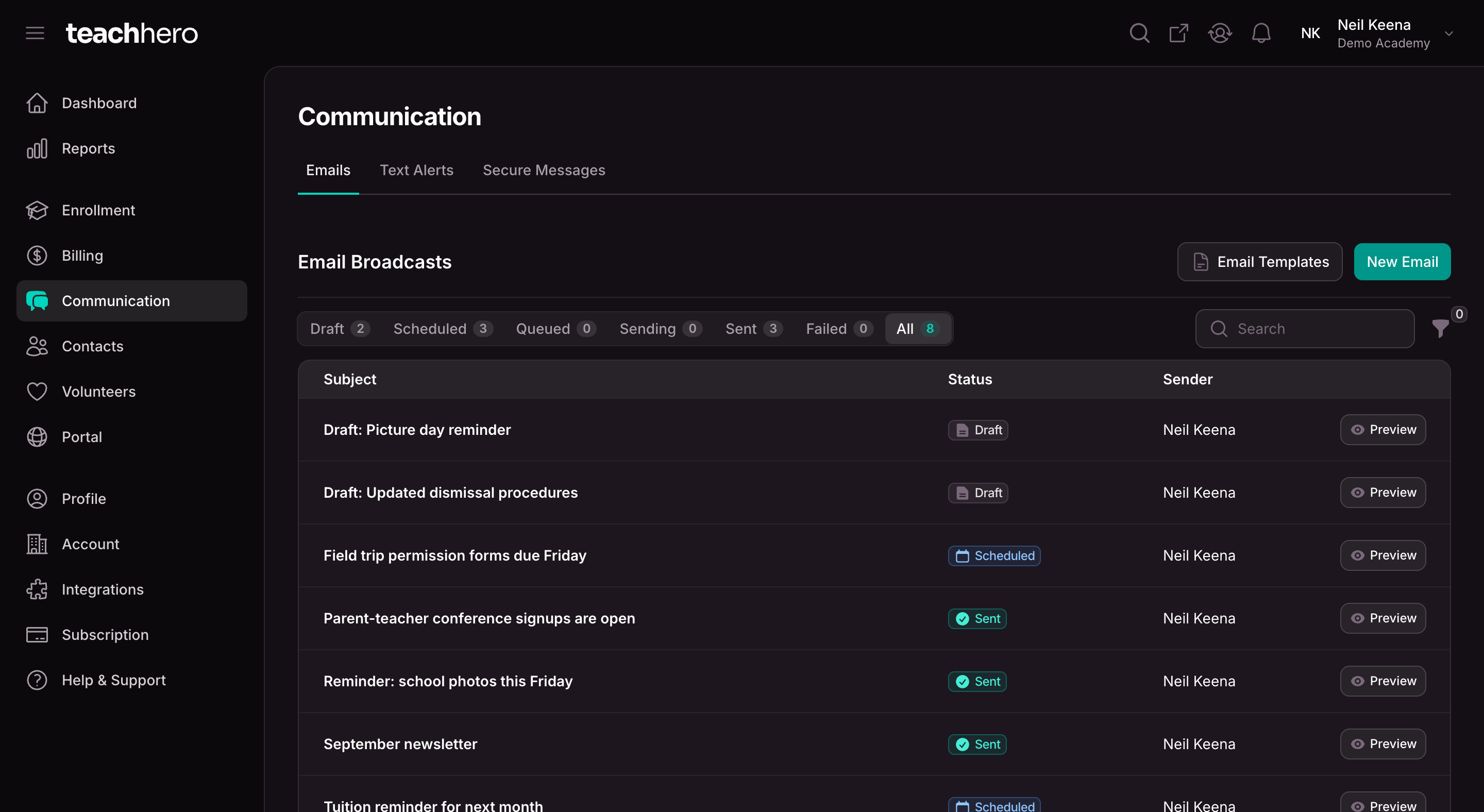 Email broadcasts to families: drafts, scheduled sends, and sent emails with their status