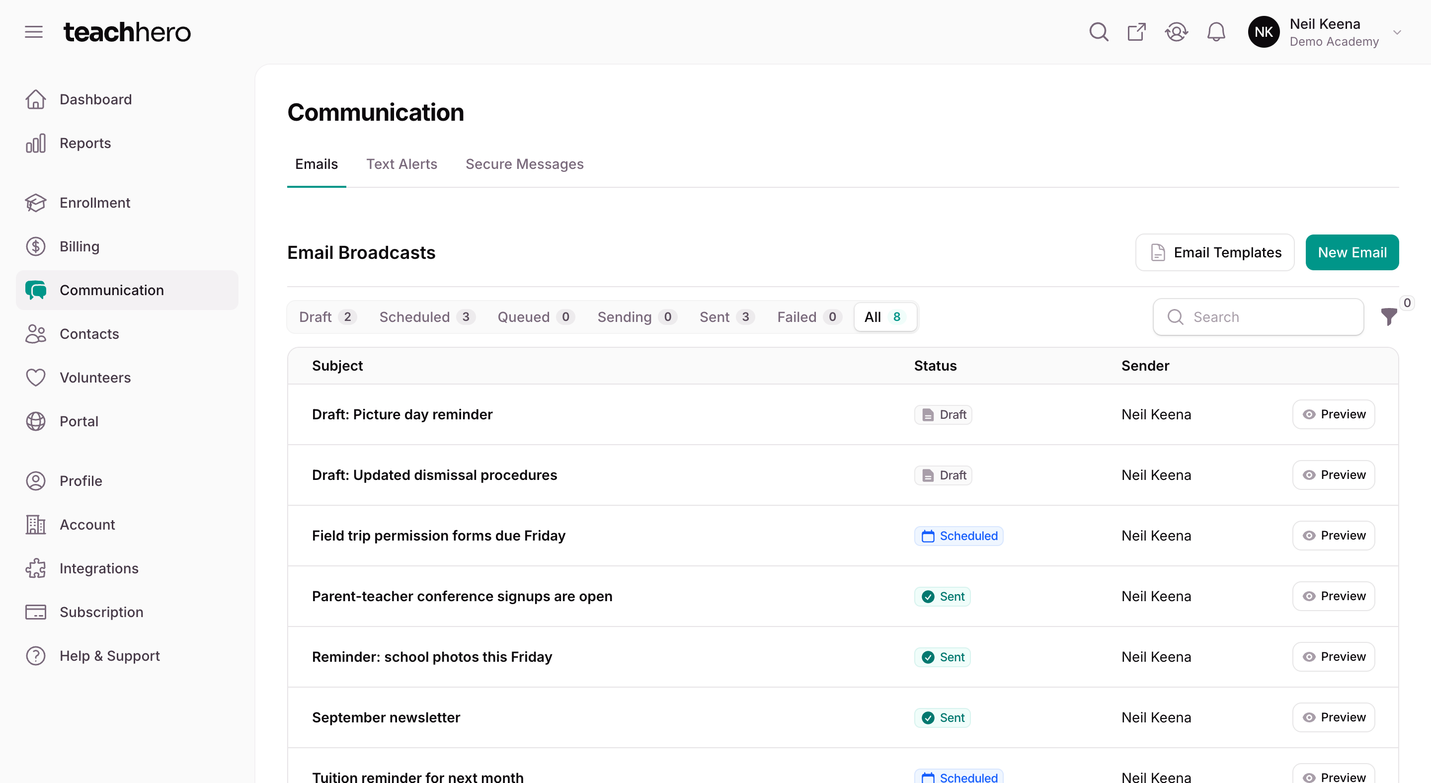 Email broadcasts to families: drafts, scheduled sends, and sent emails with their status